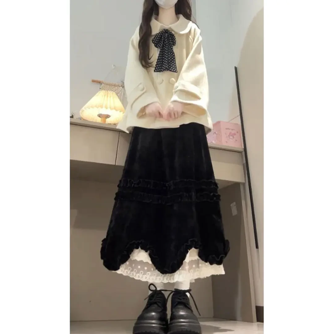 韩系松弛感穿搭套装女秋冬季气质毛呢外套荷叶边花瓣半身裙两件套