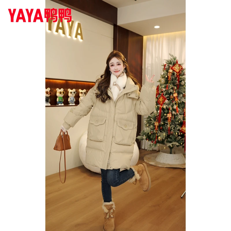 YAYA/鸭鸭羽绒服女中长款2025年女装新款韩版连帽外套YE3B635615L