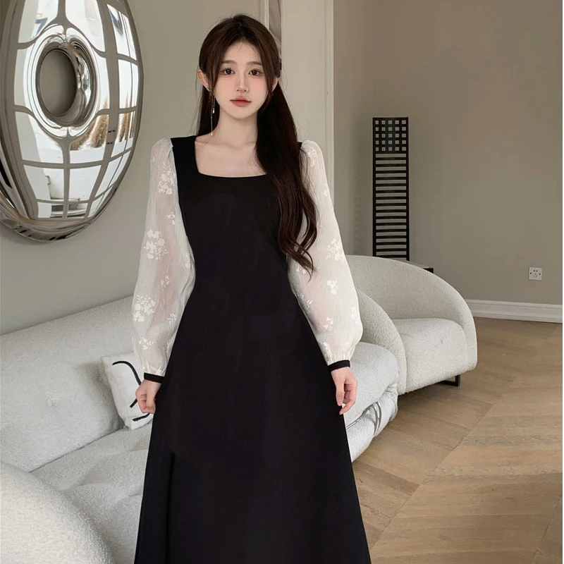 （现货）新款法式温柔方领连衣裙假两件胖mm收腰显瘦a字裙1448