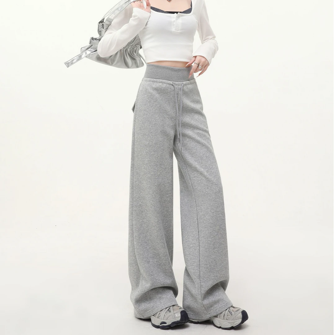 抽绳直筒卫裤子女款爆款2025新款春秋高腰显瘦垂感通勤阔腿休闲裤