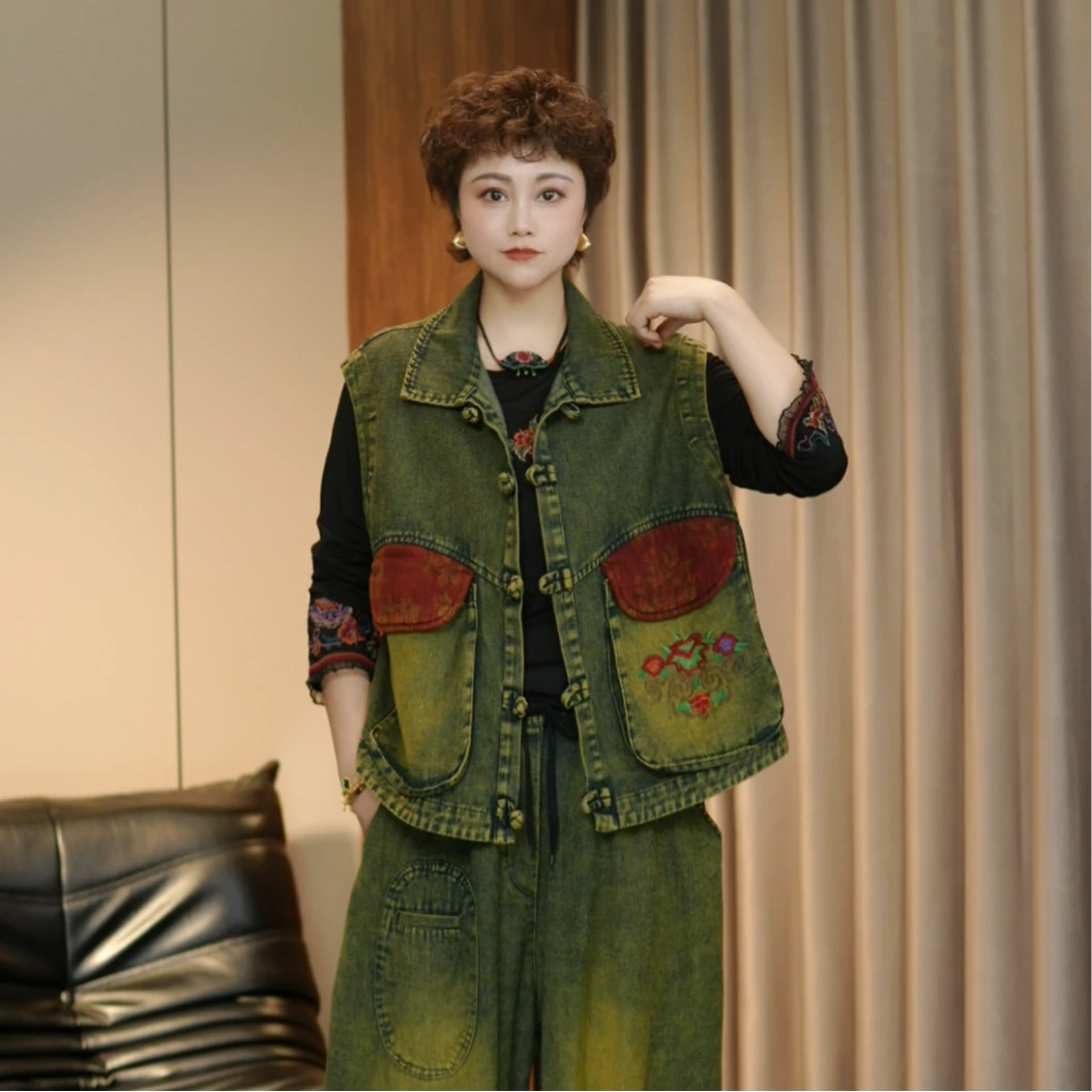 春季新款刺绣牛仔马夹时尚休闲百搭无袖复古