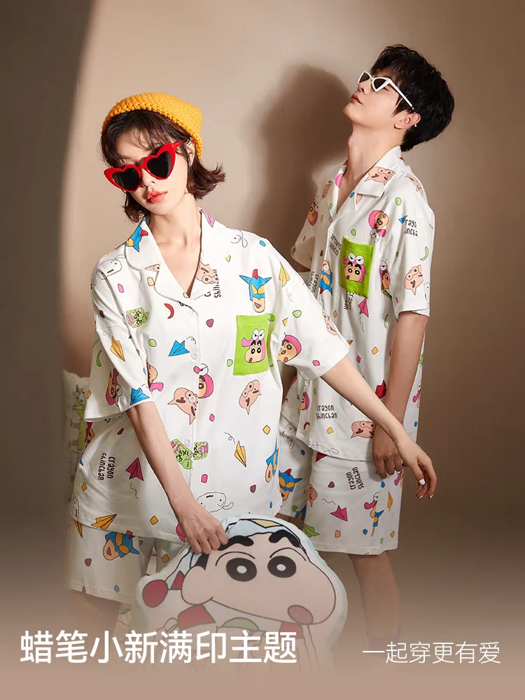 蜡笔小新情侣纯棉睡衣套装夏季薄款短袖开衫大码卡通男女士家居服