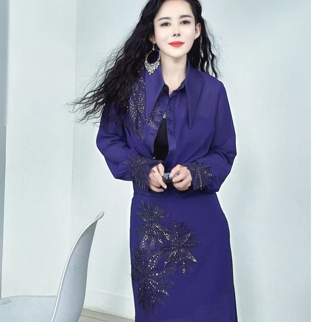 614/新款蕾丝搭配时尚百搭春装黑色长袖衬衫、半裙