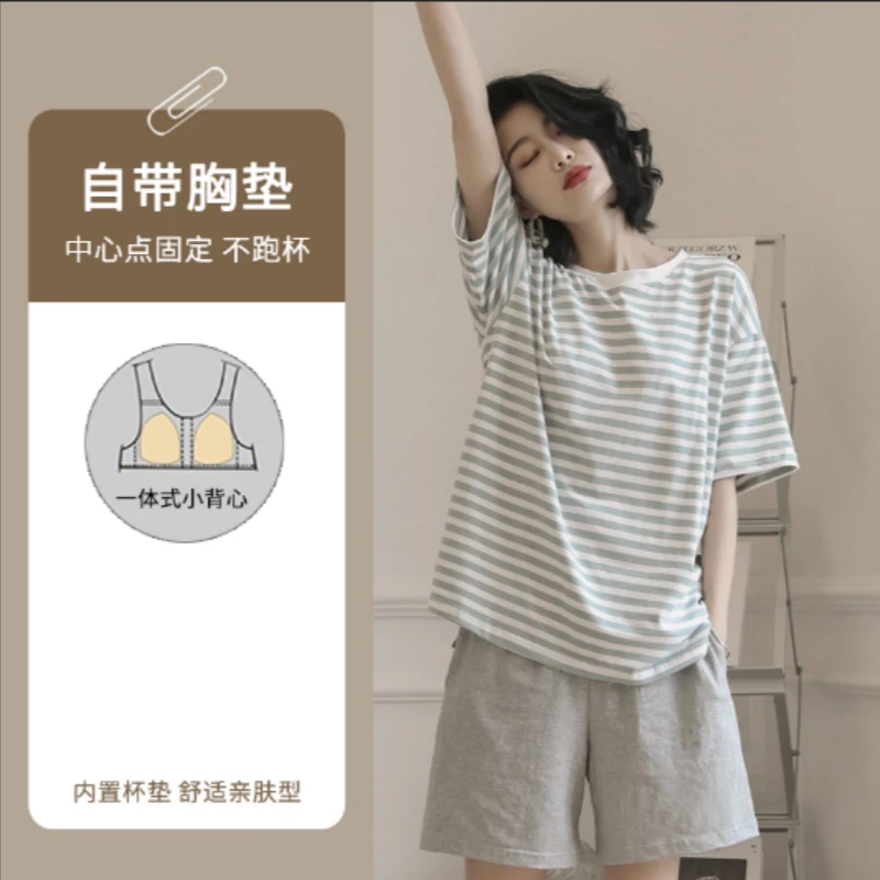 莫代尔爆款带胸垫睡衣女夏季纯棉短袖防凸点夏天免穿文胸薄家居服