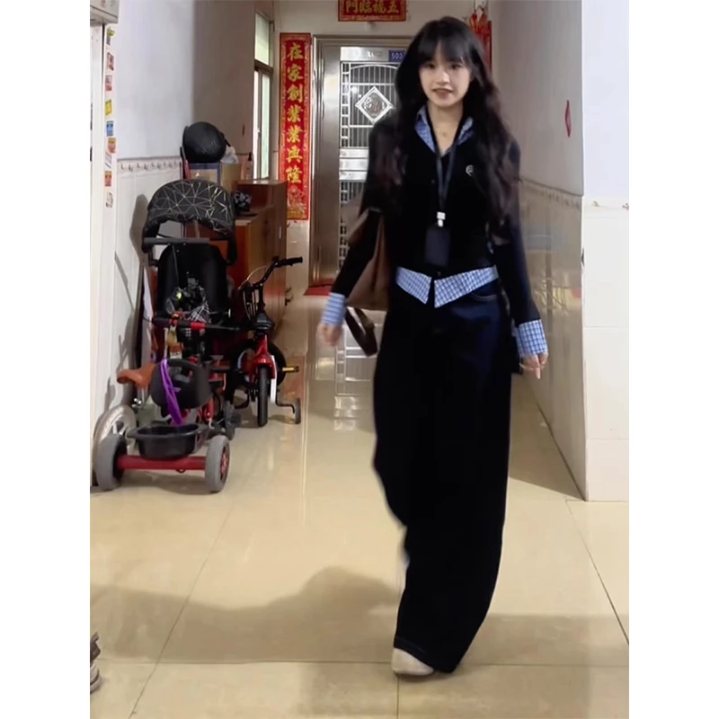 假两件格子拼接polo领长袖t恤女春季2025新款修身显瘦打底衫上衣