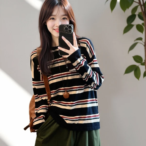 三色堇 春秋季新款女时尚百搭条纹宽松显瘦长袖毛衣针织衫打底衫