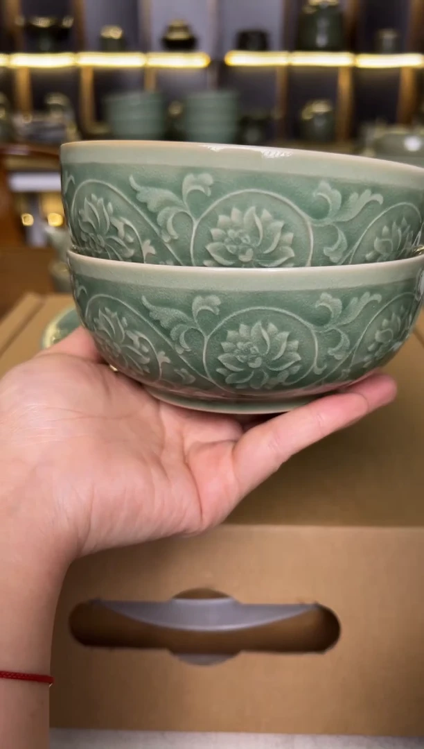 瓷片耀州窑青釉5寸缠枝莲纹米饭碗2只正品