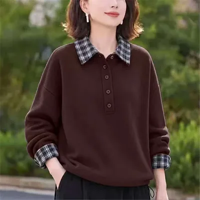 Y2026秋冬季新款格子翻领卫衣套头上衣长袖气质女装时尚宽松
