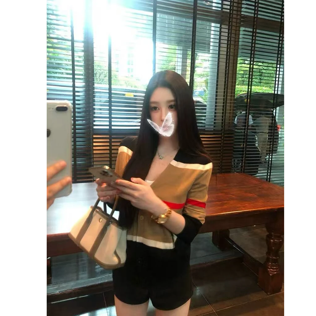 SWEET困困喵 气质V领开衫套装女夏季复古撞色条纹长袖薄款外套