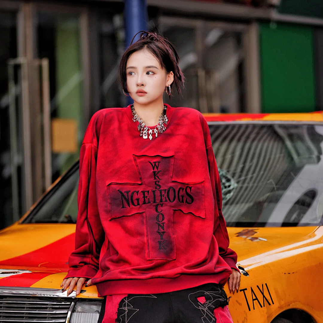 设计【邪魅】卫衣雕磨污渍手工涂鸦刷色泥染涂黑廓形夹克