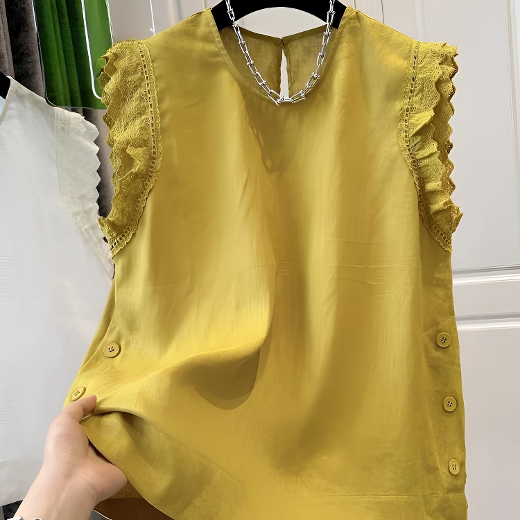 法式时尚显瘦圆领拼接木耳边蕾丝亚麻小飞袖衬衫多巴胺服装女