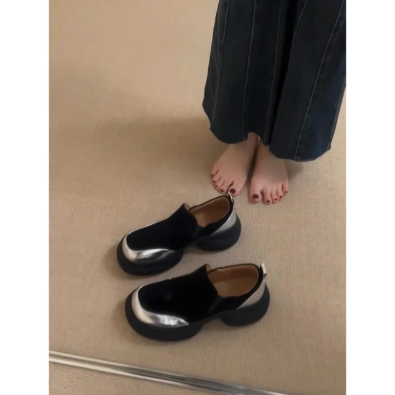 羊皮版~复古松糕底厚底增高乐福鞋女磨砂皮一脚蹬圆头简约小皮鞋