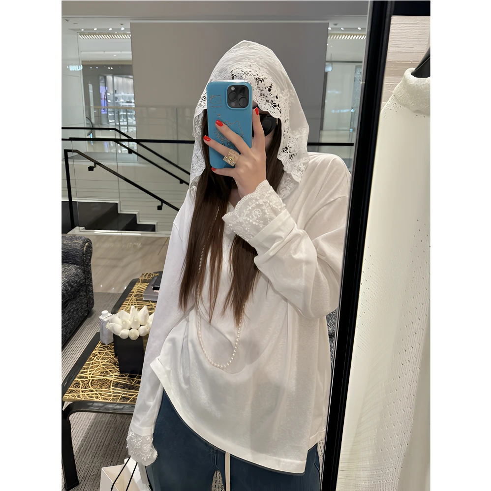 法式复古白色长袖t恤女春夏季宽松休闲帽子打底衫防晒罩衫上衣T恤