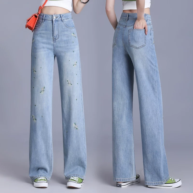8706【裤长100】新中式国风阔腿牛仔裤女2025春夏款花朵刺绣直筒裤