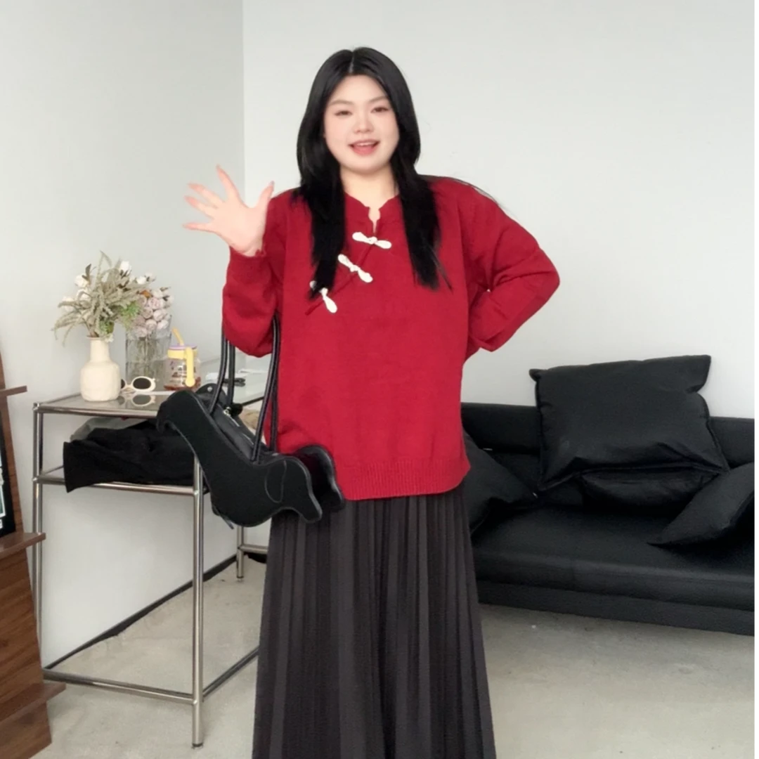 5011大码女装法式新年红百搭套头毛衣针织衫国风氛围感红色上衣