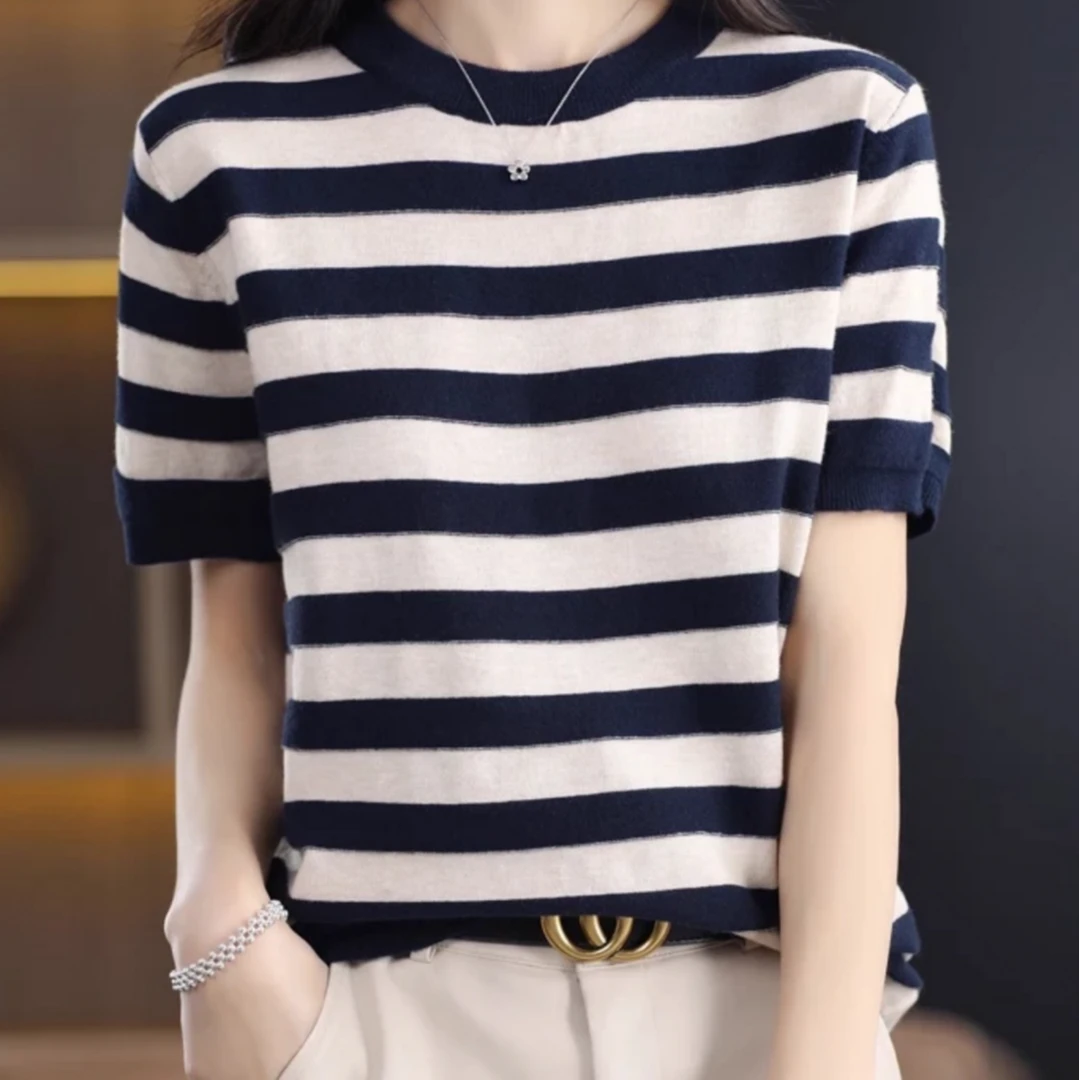 柔软舒适！春秋季永不过时条纹时尚显瘦宽松针织短袖女FC1109
