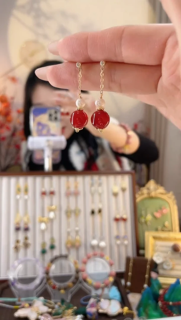 铜合金925银无1-2 红珠珠长耳钉