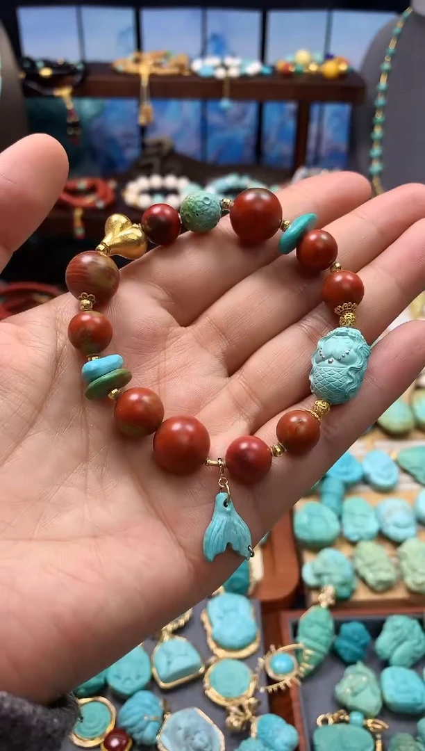 18K金镶嵌手链南红玛瑙包浆南红绿松手串