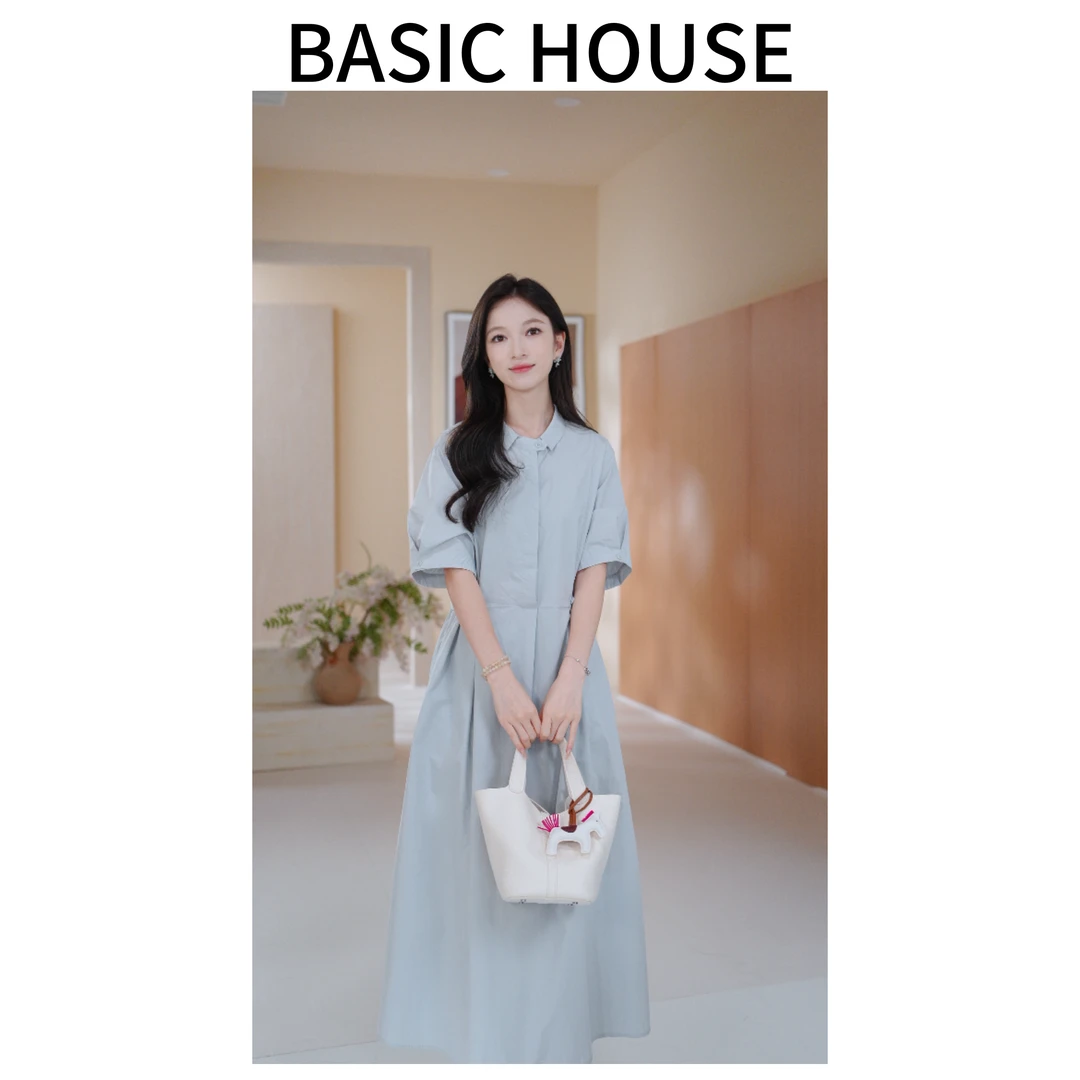 Basic House/百家好夏季新款气质休闲百搭收腰透气衬衫连衣裙女MM