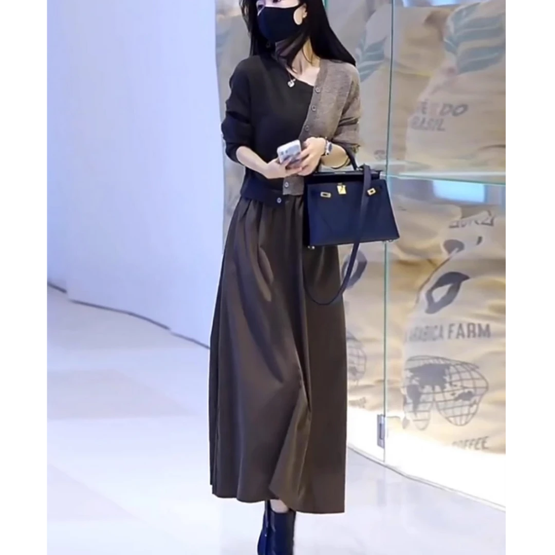 大牌假两件套装连衣裙女2025年春秋新款大码女装高端气质长款裙子