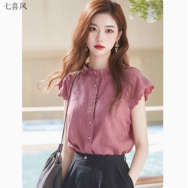 漂亮小飞袖木耳边四季修身型女款上衣亚麻感材质衬衫