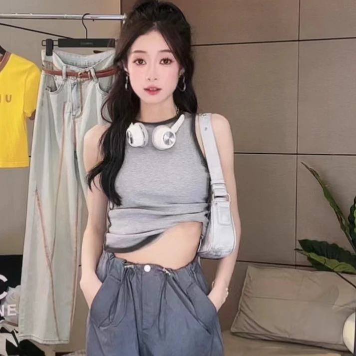 【cici专属】RX0559美式撞色做旧渐变小背心修身显瘦内搭无袖上衣