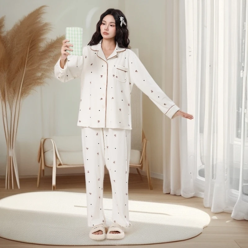 女士暖绒绒睡衣小熊翻领开衫家居服秋冬睡衣套装