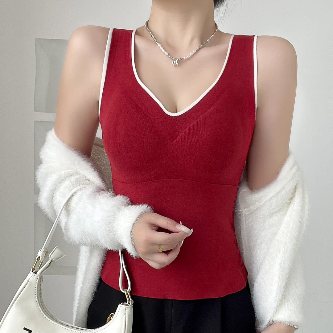 女士秋冬季加绒吊带背心保暖内搭带胸垫打底舒适修身美背