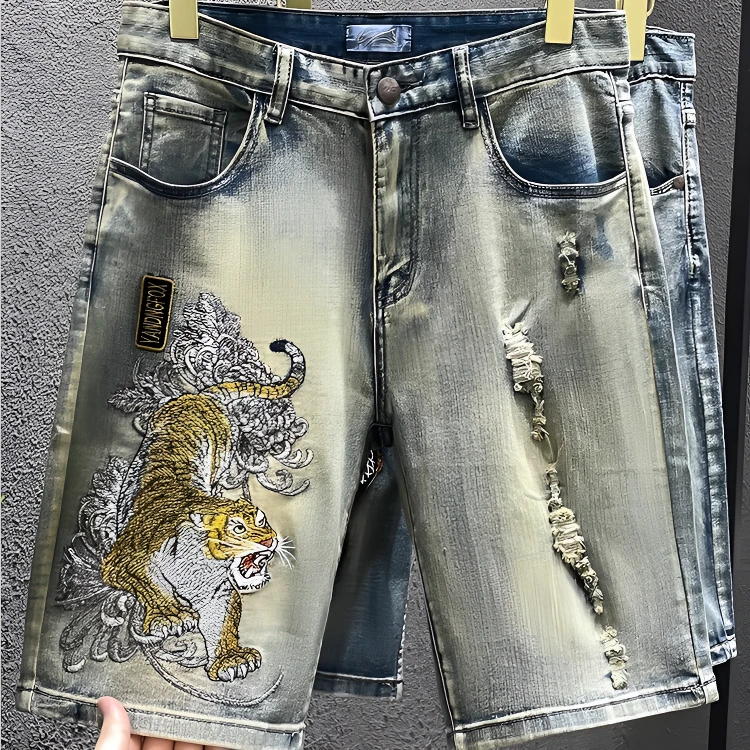 霍科比特国风重工刺绣牛仔短裤男士高端轻奢潮牌宽松百搭牛仔短裤