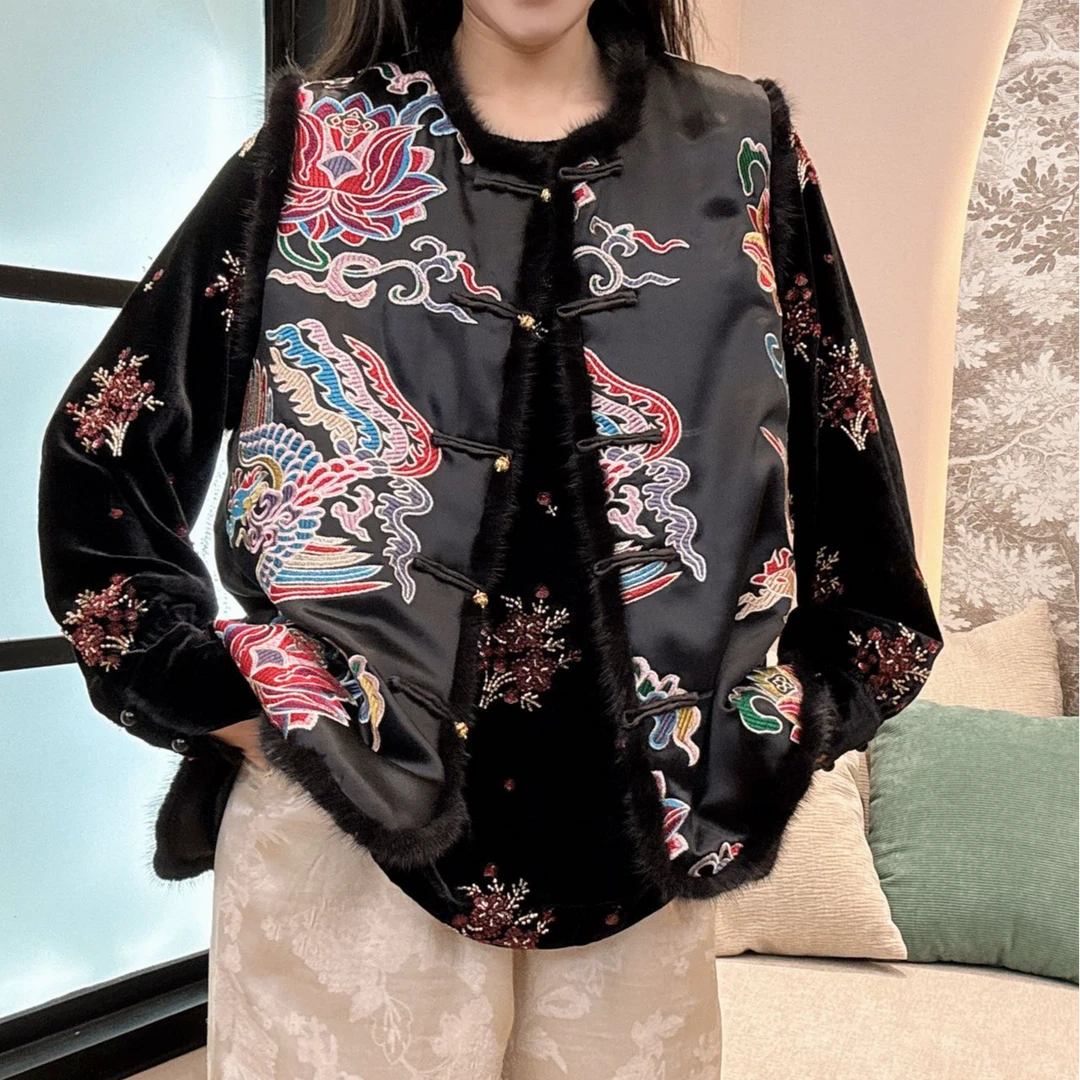 【一潮家】冬款 新中式重工刺绣凤凰彩莲加棉气质女士马甲16203