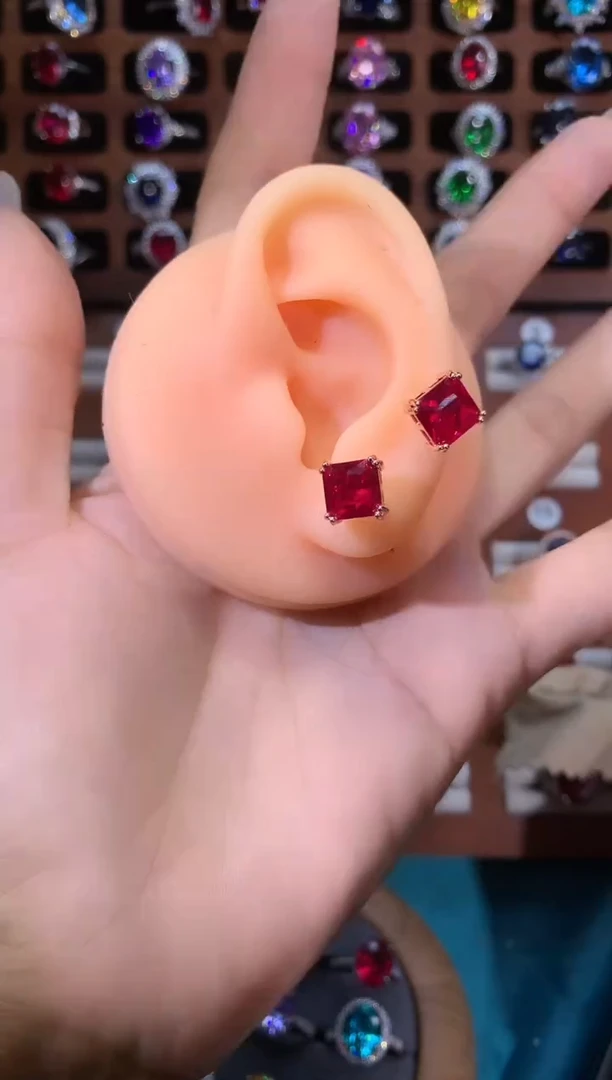 银S925镶嵌耳饰红宝石8玫瑰金