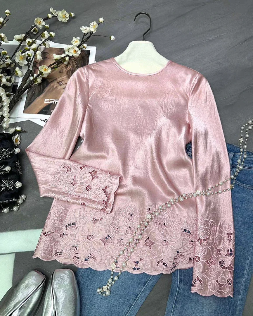 新中式国风衬衫女2025春款新款醋酸缎面长袖上衣镂A420-419-418