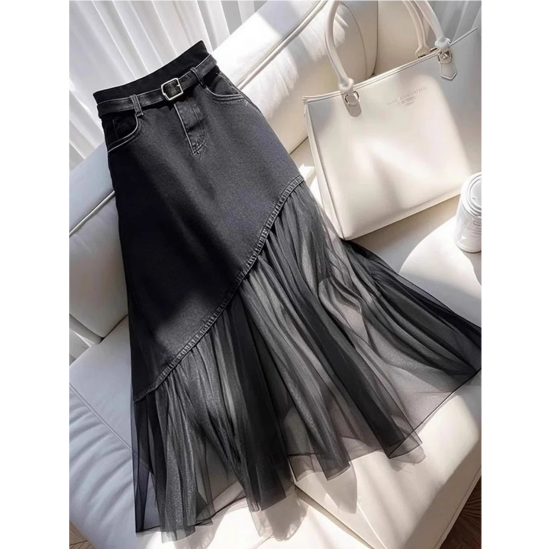 高级设计感黑色牛仔网纱拼接a字半身裙女2025新款时尚百搭中长裙