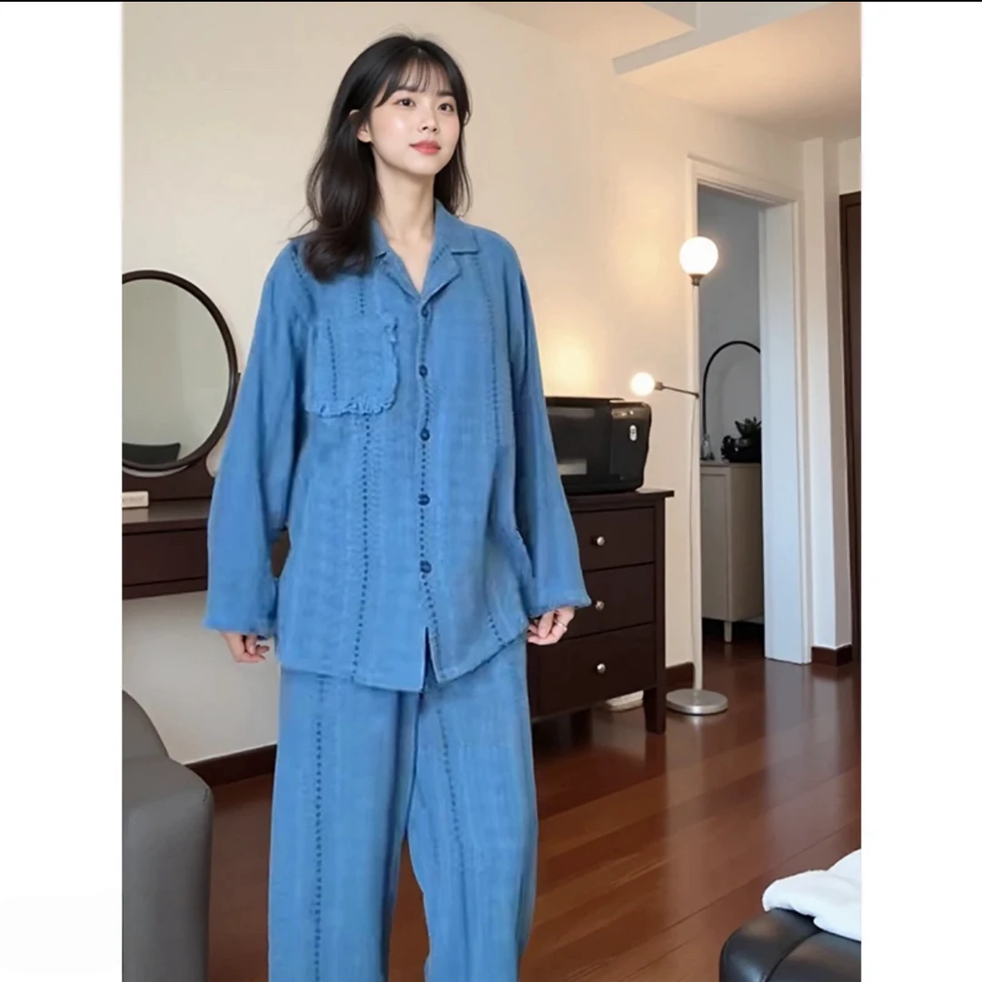 带胸垫防凸点长袖长裤睡衣女士春秋季新款休闲慵懒风可外穿家居服