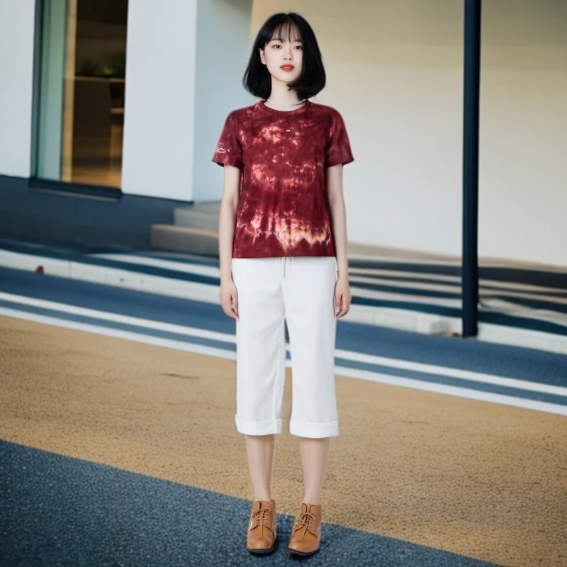 显瘦国潮套头原创时尚女款百搭夏季圆领酒红色休闲宽松印花复古
