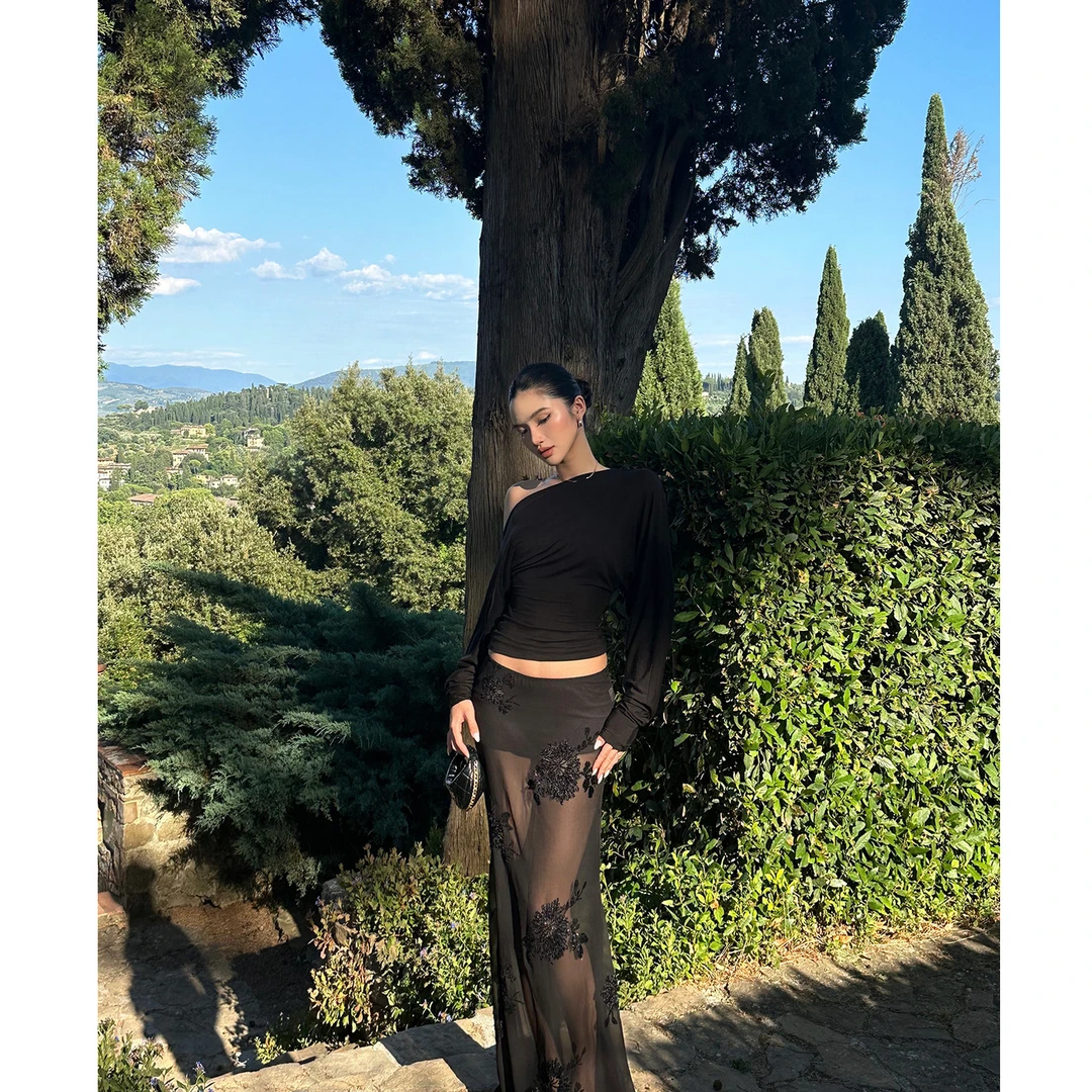 rovente 浮宫魅影 黑色裙子女夏性感修身蕾丝半身裙亮片鱼尾长裙