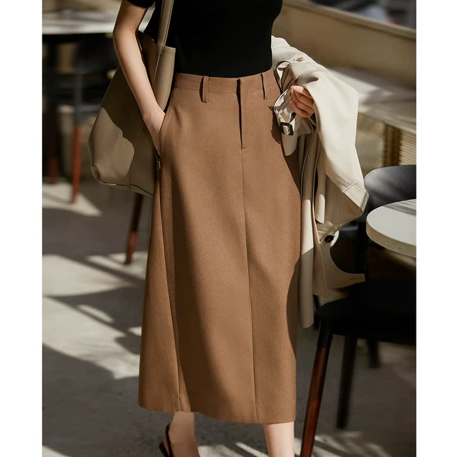 腰带袢后开叉直筒半身裙 通勤佰搭梨形A字半身裙QZE666639AG