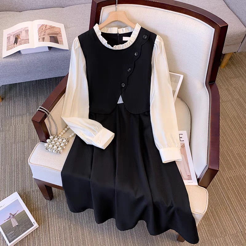 F02盛优甄选-春季新款时尚减龄高级感假两件显瘦法式连衣裙孤品