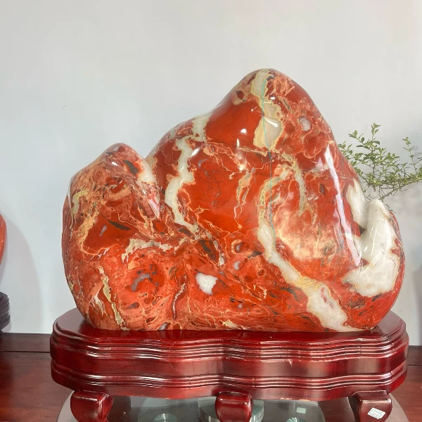 长芹缘奇石、南非鸡血红碧石摆件中式茶室办公室书房玄关客厅摆件