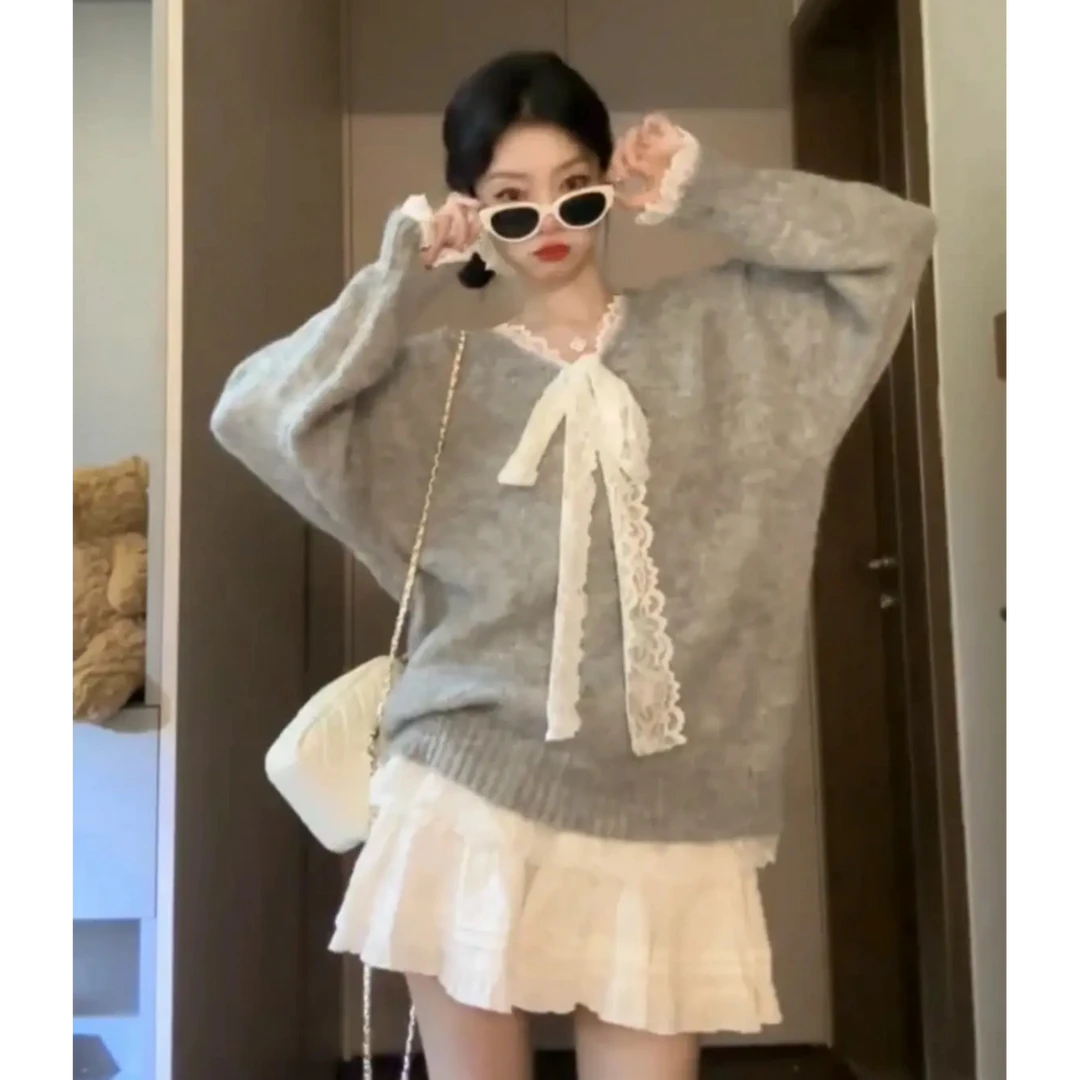 温柔甜美蕾丝系带拼接中长款针织衫女秋冬灰色宽松毛衣短裙套装