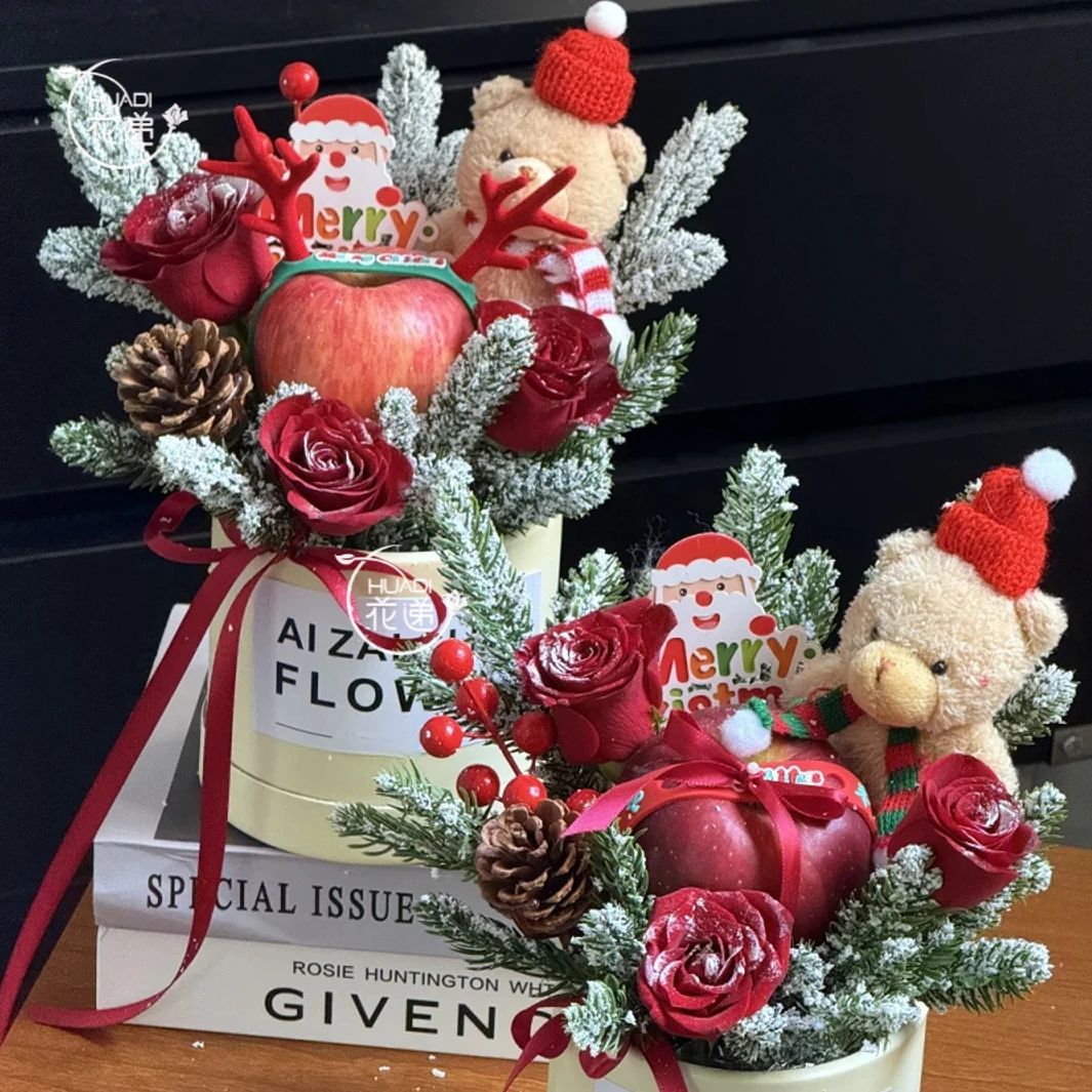 平安夜圣诞节·氛围感花礼【小熊苹果混搭落雪玫瑰】平安夜生日圣诞节日送闺蜜送恋人送朋友鲜花同城配送小时达