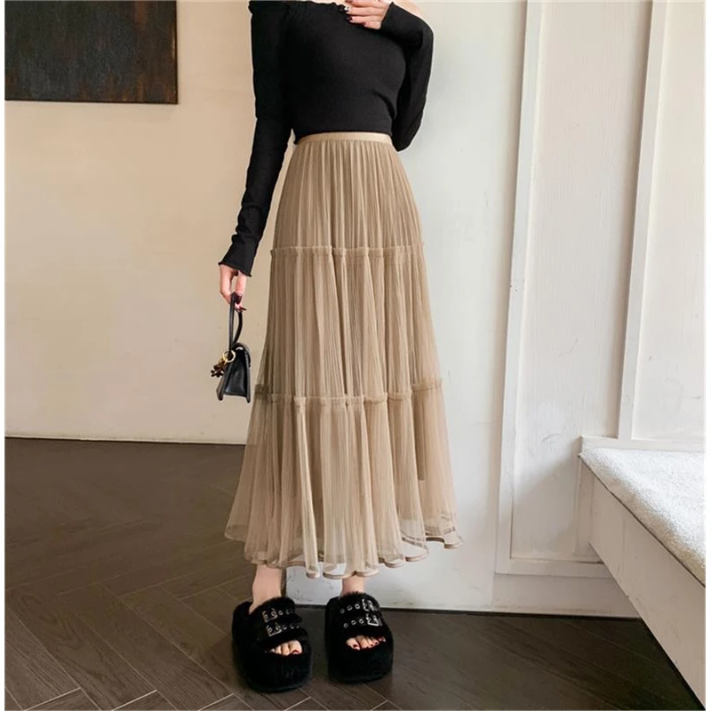 卡其色网纱半身裙女夏新款高腰显瘦a字百褶裙中长款垂感气质纱裙