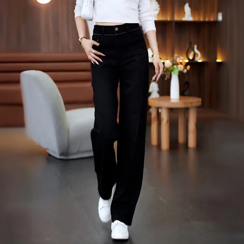 阔腿加绒牛仔裤女秋冬季2025年新款冬天加厚高腰宽松窄版直筒裤子