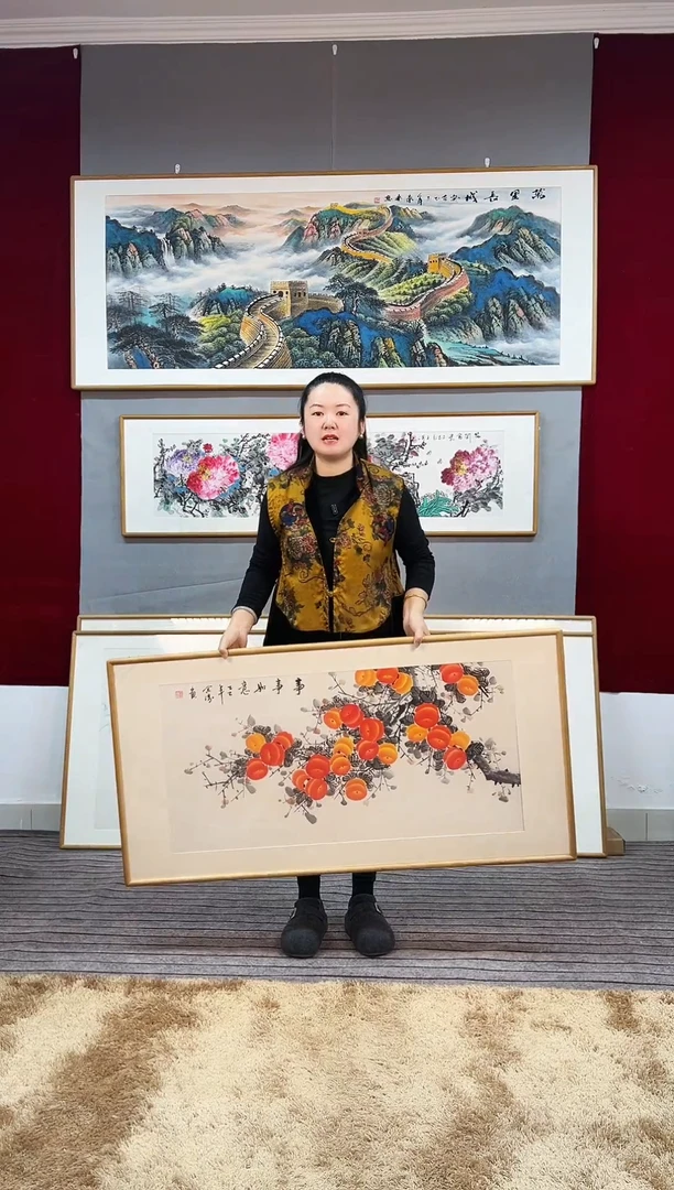 国画手绘柿子122*62尺寸横幅