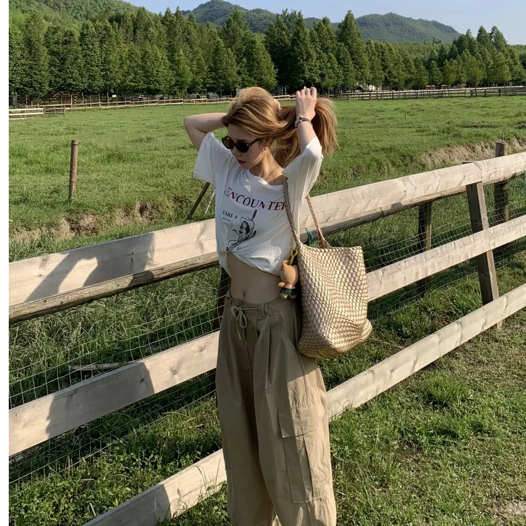 百搭时尚休闲风时尚套装极简风休闲裤短款宽松街头风短袖显瘦夏季