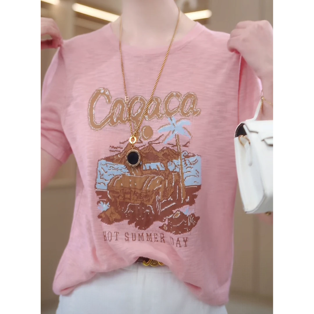 MY806新款2025休闲度假百搭宽松显瘦设计感高级短袖上衣打底女夏