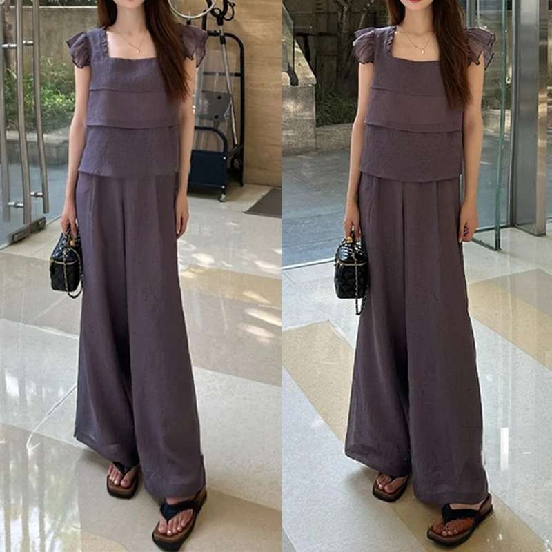 阔腿裤两件套女2025夏季新款小心机设计感方领上衣时髦减龄套装女