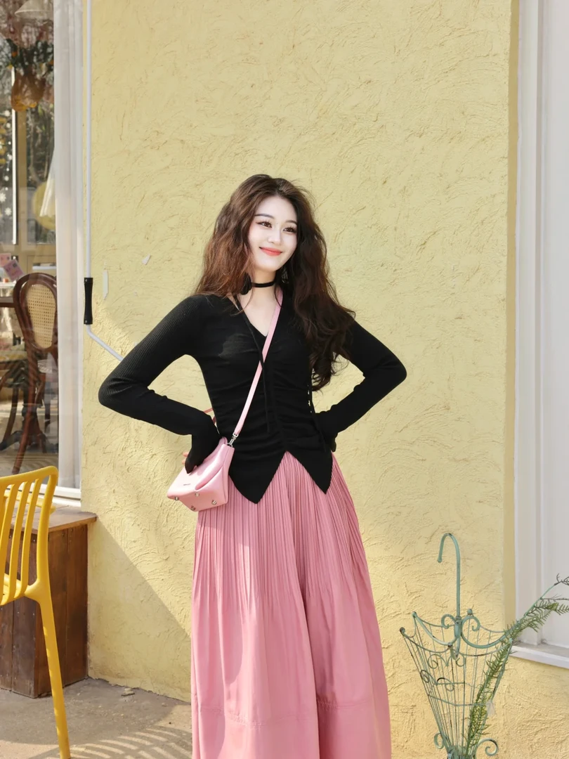 早春穿搭一整套温柔风气质V领针织上衣女粉色百褶裙两件套装女潮