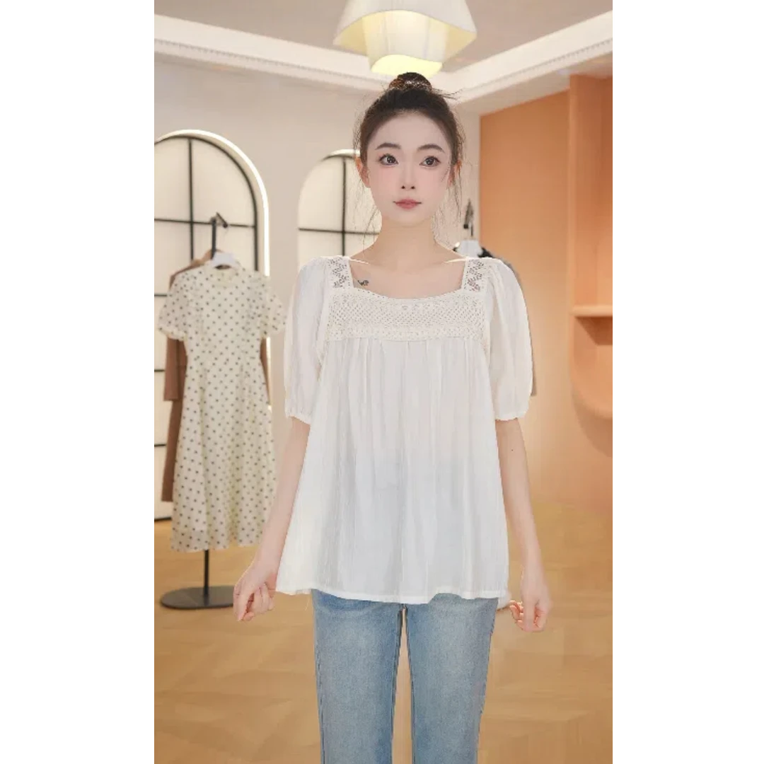 X韩国chic夏季减龄复古镂空钩花方领泡泡袖拼接衬衫女