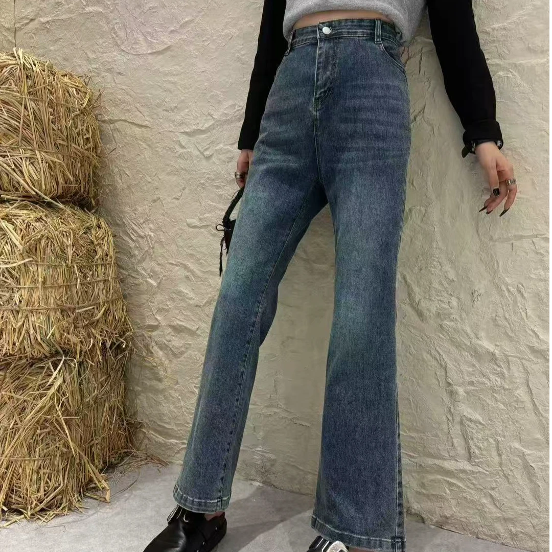 极简风高腰高街风休闲牛仔裤小微喇裤子蓝色九分裤春季时尚